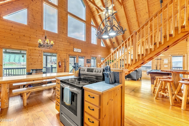 kitchen with a notable chandelier, stainless steel electric stove, light wood-type flooring, and wooden walls