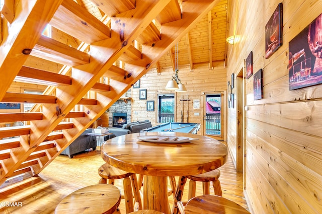 dining area featuring beam ceiling, wood finished floors, wooden ceiling, a fireplace, and wood walls