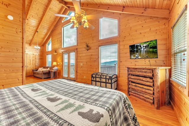 bedroom featuring beam ceiling, wooden walls, wood ceiling, and wood finished floors