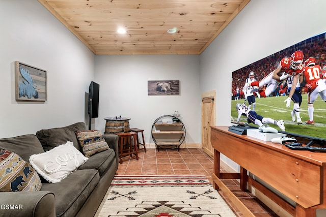 living room featuring light tile patterned floors and wood ceiling