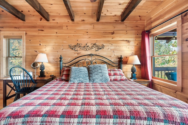 unfurnished bedroom featuring beam ceiling, wood ceiling, and wooden walls