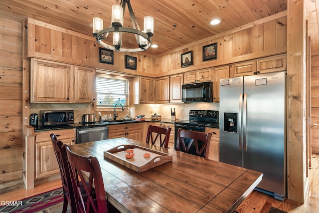 kitchen featuring sink, wooden ceiling, a chandelier, light hardwood / wood-style floors, and black appliances