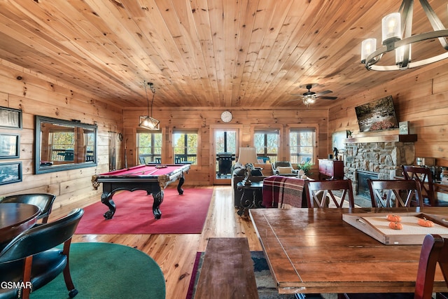 playroom featuring ceiling fan, pool table, wood-type flooring, wooden ceiling, and wood walls