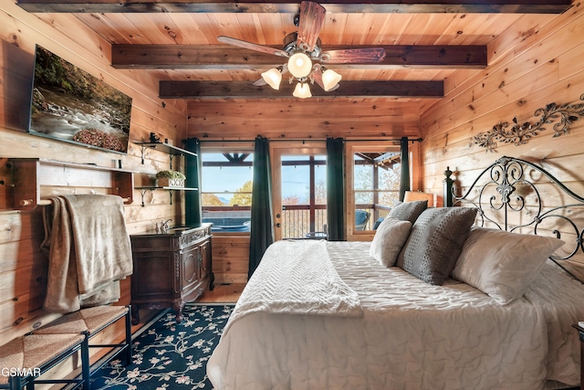 bedroom with beamed ceiling, access to outside, wood ceiling, and wood walls