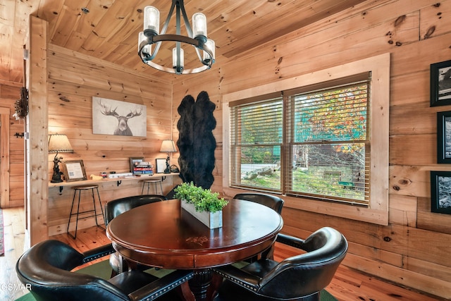 dining space featuring an inviting chandelier, wooden ceiling, and wood walls