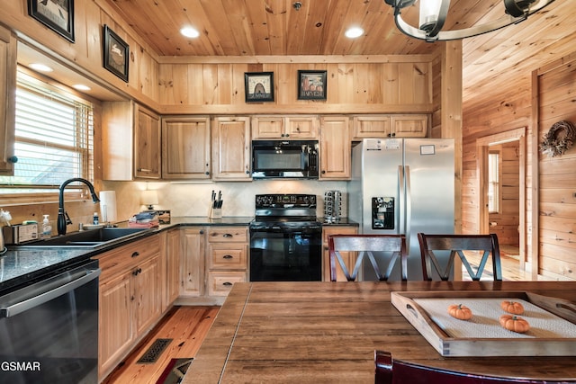 kitchen with sink, wooden ceiling, light hardwood / wood-style floors, wooden walls, and black appliances