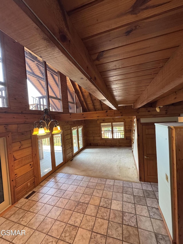 2452 Skyview Way, Dandridge, TN 37725 - unfurnished room with wooden walls, wood ceiling, light carpet, french doors, and light stone finish flooring