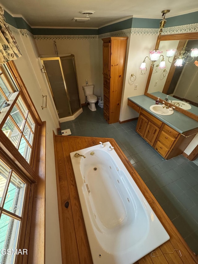 2452 Skyview Way, Dandridge, TN 37725 - full bathroom with vanity, a tub with jets, a shower stall, tile patterned flooring, and toilet