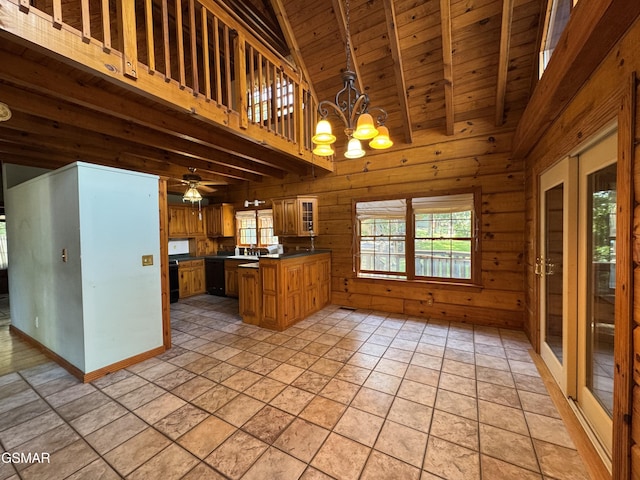 2452 Skyview Way, Dandridge, TN 37725 - kitchen with wooden ceiling with exposed beams, a peninsula, wooden walls, dark countertops, and a chandelier