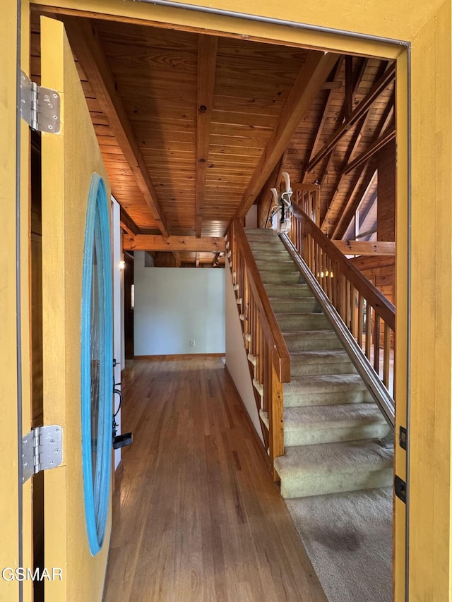 2452 Skyview Way, Dandridge, TN 37725 - stairs featuring wood ceiling with exposed beams and wood finished floors
