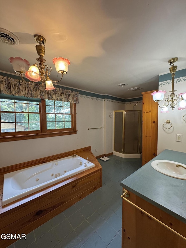 2452 Skyview Way, Dandridge, TN 37725 - full bath featuring a chandelier, a stall shower, a tub with jets, vanity, and tile patterned floors