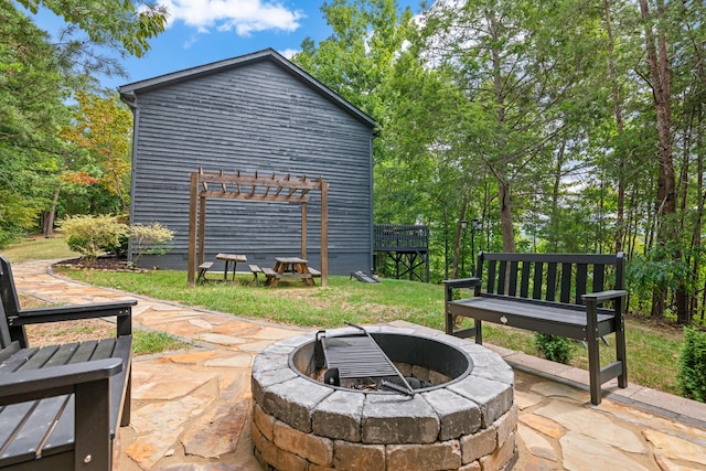 view of patio / terrace featuring an outdoor fire pit