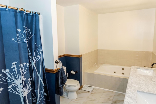 full bath with toilet, a jetted tub, marble finish floor, curtained shower, and a sink