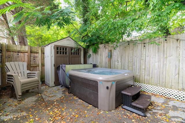 134 Roaring Fork Rd, Gatlinburg, TN 37738 - fenced backyard featuring a hot tub and a storage shed