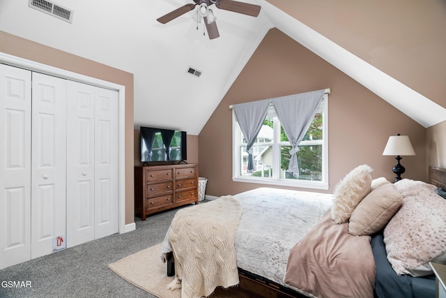 134 Roaring Fork Rd, Gatlinburg, TN 37738 - carpeted bedroom with vaulted ceiling, a closet, and ceiling fan
