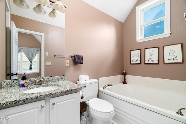 134 Roaring Fork Rd, Gatlinburg, TN 37738 - bathroom featuring a garden tub, vanity, lofted ceiling, and tile patterned floors