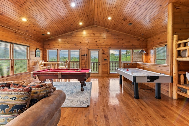 rec room with wooden ceiling, wood walls, wood-type flooring, lofted ceiling, and pool table