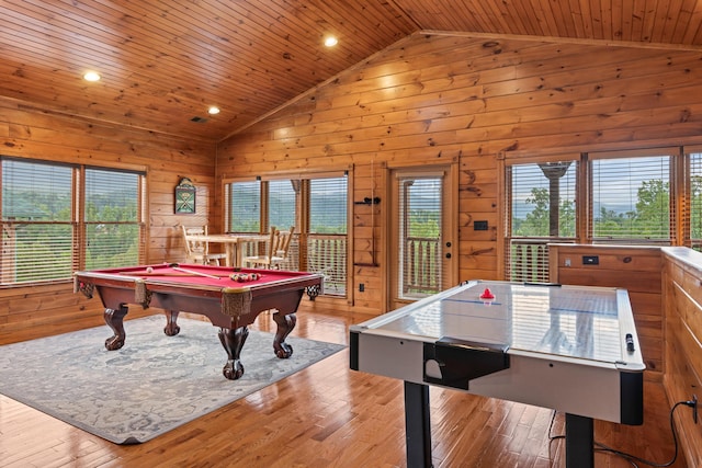 game room featuring wood ceiling, pool table, high vaulted ceiling, light hardwood / wood-style floors, and wood walls