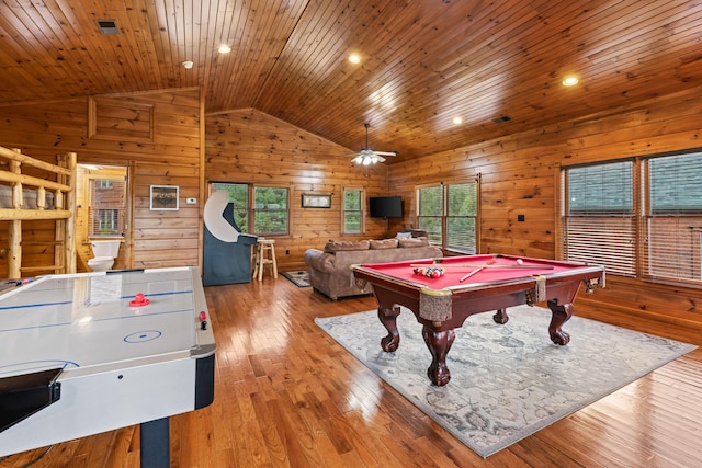 recreation room featuring light hardwood / wood-style floors, wood ceiling, ceiling fan, and billiards