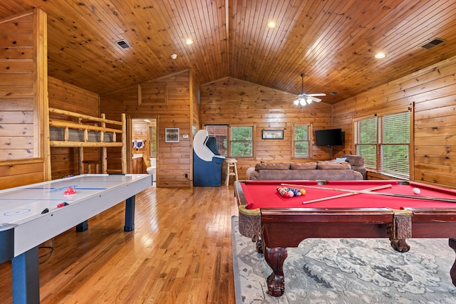 playroom with light hardwood / wood-style floors, vaulted ceiling, ceiling fan, and pool table