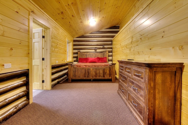 carpeted bedroom featuring rustic walls, wooden walls, wood ceiling, and vaulted ceiling