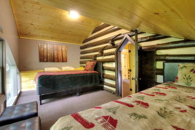 carpeted bedroom with rustic walls, wooden ceiling, and vaulted ceiling