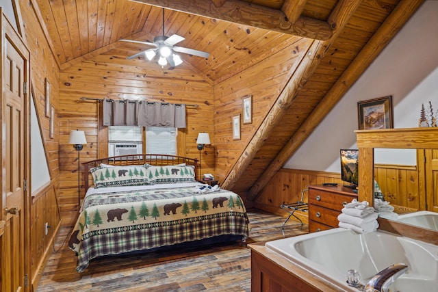 bedroom with lofted ceiling, hardwood / wood-style floors, wooden ceiling, and wood walls