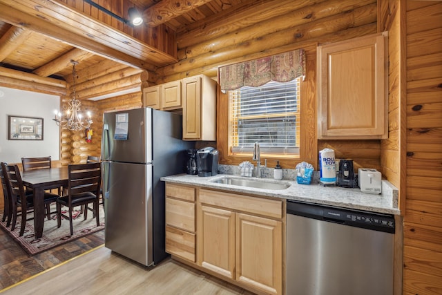 kitchen featuring stainless steel appliances, sink, light brown cabinets, and wood ceiling