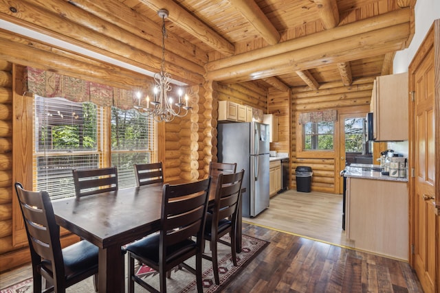 dining room featuring beamed ceiling, rustic walls, a chandelier, light hardwood / wood-style floors, and wooden ceiling