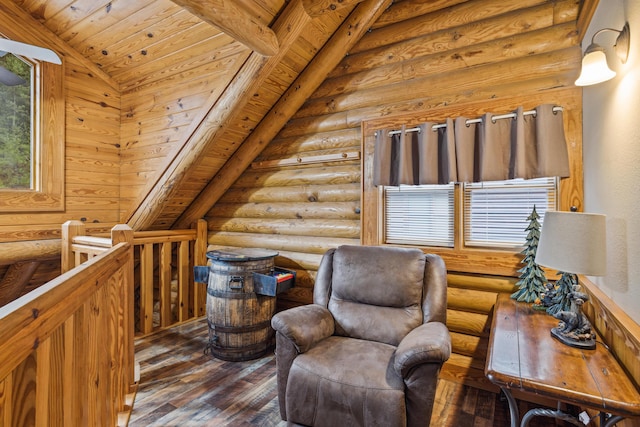 sitting room with wooden ceiling, lofted ceiling, dark wood-type flooring, and rustic walls