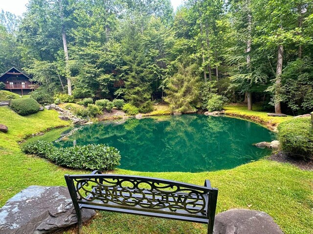 view of property's community with a lawn and a water view