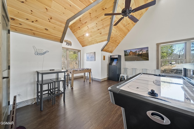 game room with ceiling fan, baseboards, wood ceiling, wood finished floors, and high vaulted ceiling