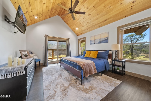 bedroom featuring wooden ceiling, wood finished floors, baseboards, and high vaulted ceiling