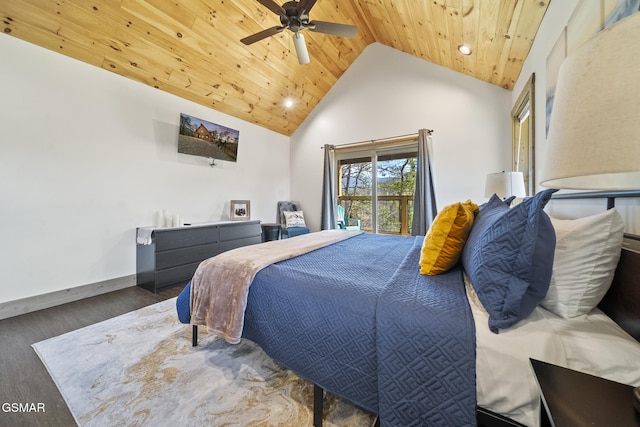 bedroom with a ceiling fan, wood finished floors, baseboards, high vaulted ceiling, and wooden ceiling