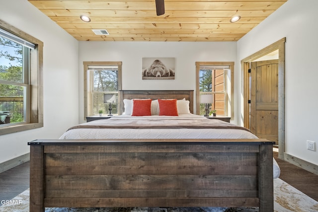 bedroom featuring visible vents, wood ceiling, baseboards, and wood finished floors