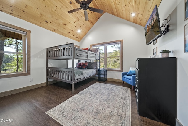 bedroom featuring wooden ceiling, multiple windows, dark wood-type flooring, and high vaulted ceiling