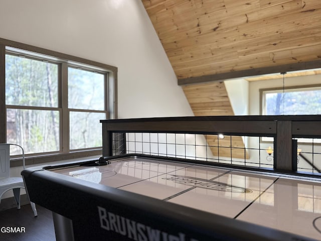 interior space with wood finished floors and wooden ceiling