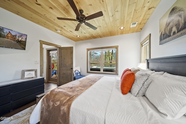 bedroom featuring lofted ceiling, wood finished floors, wood ceiling, and visible vents