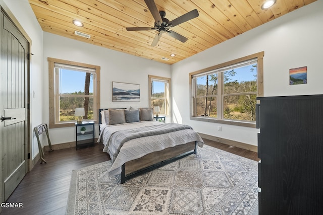 bedroom with wooden ceiling, wood finished floors, visible vents, and baseboards