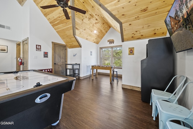 recreation room featuring visible vents, wood ceiling, dark wood-type flooring, and high vaulted ceiling