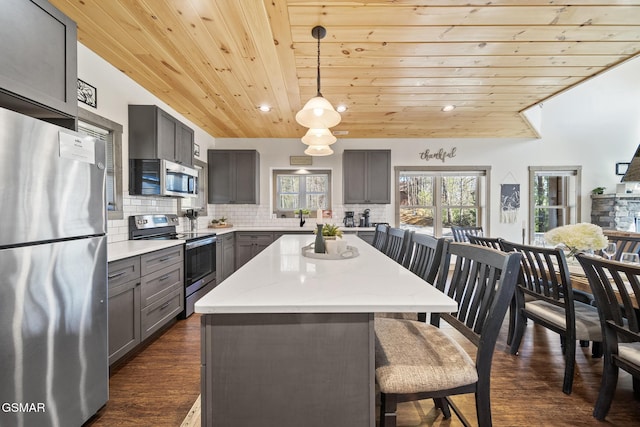 kitchen featuring stainless steel appliances, tasteful backsplash, wood ceiling, and gray cabinetry