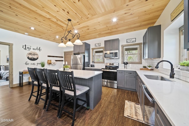 kitchen with gray cabinets, a sink, stainless steel appliances, wooden ceiling, and decorative backsplash