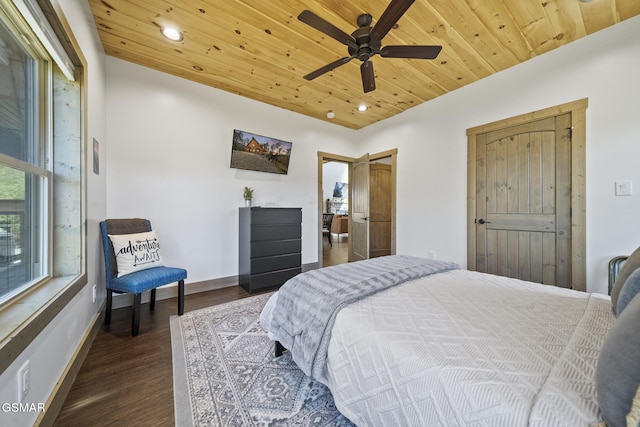 bedroom with baseboards, wooden ceiling, and dark wood finished floors