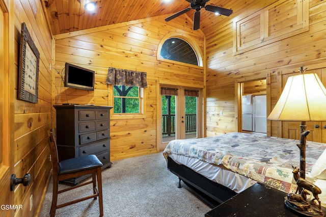 carpeted bedroom with french doors, access to outside, ceiling fan, high vaulted ceiling, and wooden ceiling