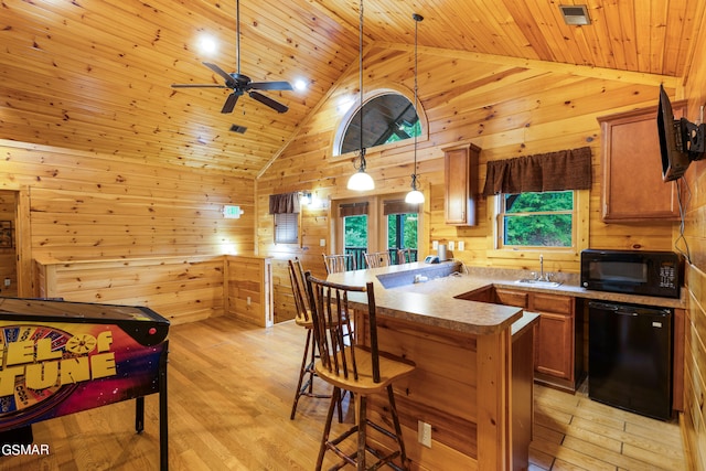 kitchen featuring black appliances, wood walls, pendant lighting, and wooden ceiling