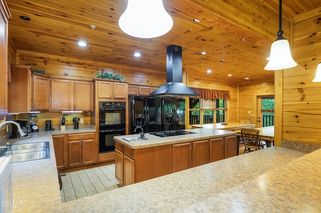 kitchen with island range hood, black appliances, sink, decorative light fixtures, and wooden ceiling