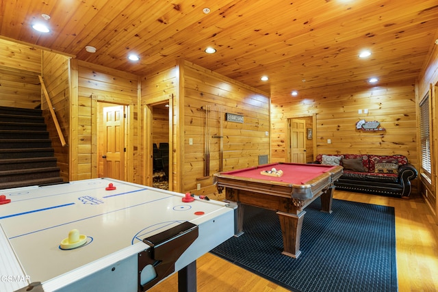 game room featuring wood walls, wood ceiling, and billiards