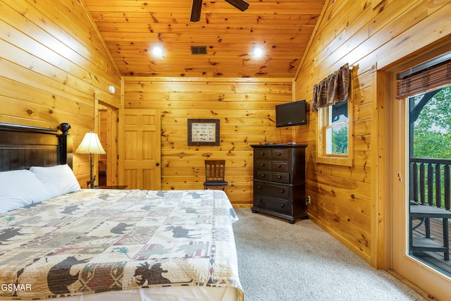 carpeted bedroom with access to exterior, wooden walls, lofted ceiling, and wood ceiling