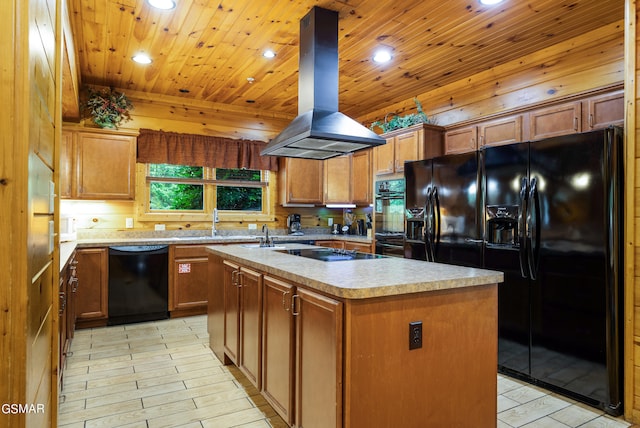 kitchen with island exhaust hood, wood ceiling, sink, black appliances, and a center island with sink