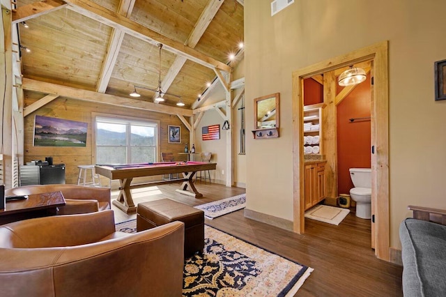 recreation room featuring billiards, dark hardwood / wood-style floors, wood ceiling, and vaulted ceiling with beams